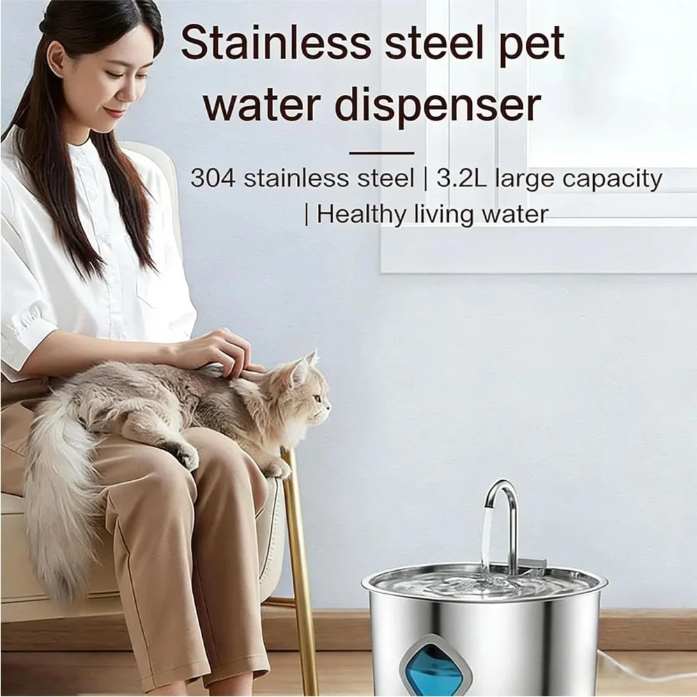 NIB Stainless Steel 3.2L Pet H2O Fountain Triple Defense PROTechnology
